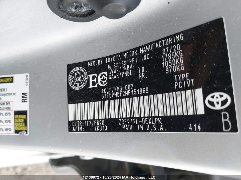 2021 Toyota Corolla VIN: 5YFBPMBE2MP151969 Lot: 12130072