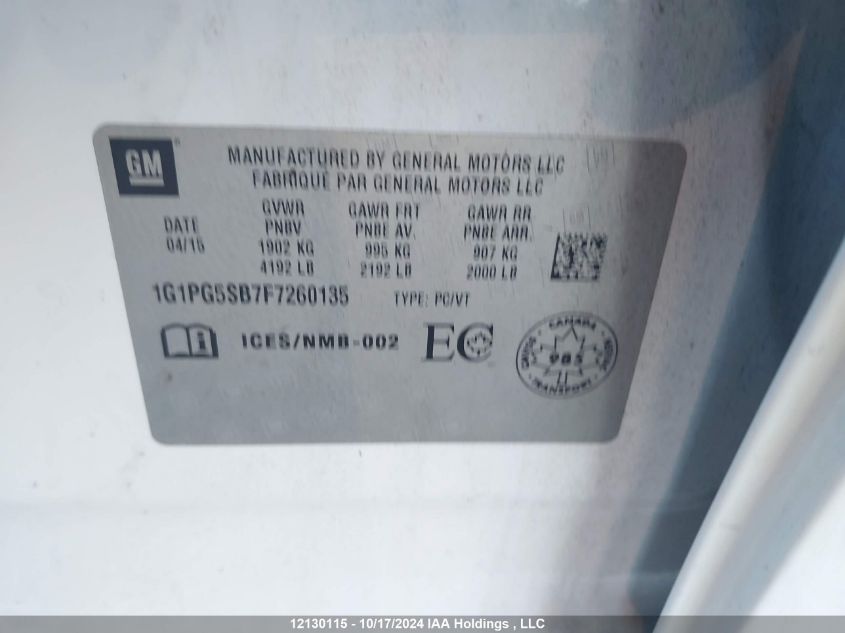 2015 Chevrolet Cruze VIN: 1G1PG5SB7F7260135 Lot: 12130115