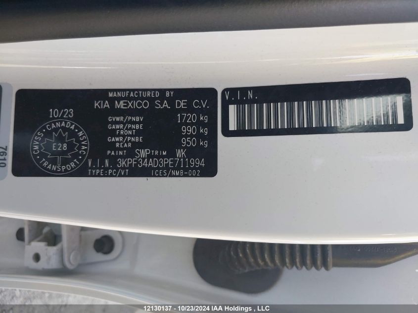 2023 Kia Forte VIN: 3KPF34AD3PE711994 Lot: 12130137