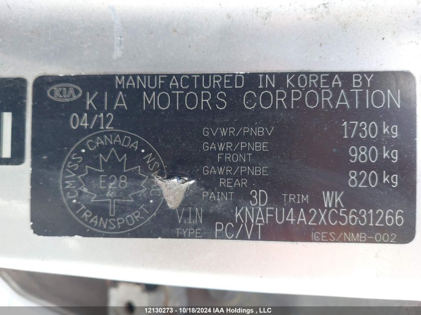 2012 Kia Forte VIN: KNAFU4A2XC5631266 Lot: 12130273