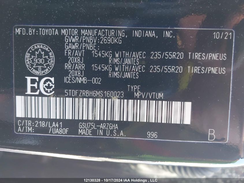 2021 Toyota Highlander Platinum VIN: 5TDFZRBH6MS160023 Lot: 12130328