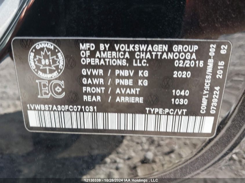 2015 Volkswagen Passat VIN: 1VWBS7A30FC071031 Lot: 12130339