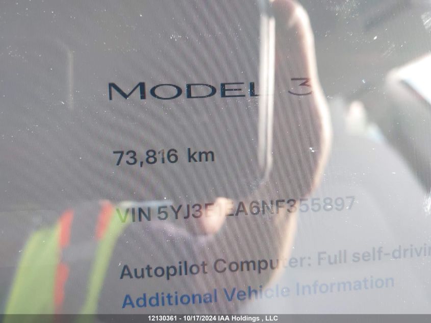 2022 Tesla Model 3 VIN: 5YJ3E1EA6NF355897 Lot: 12130361