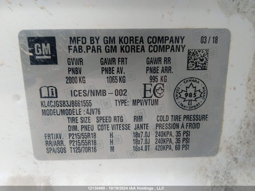 2018 Buick Encore VIN: KL4CJGSB3JB661555 Lot: 12130400