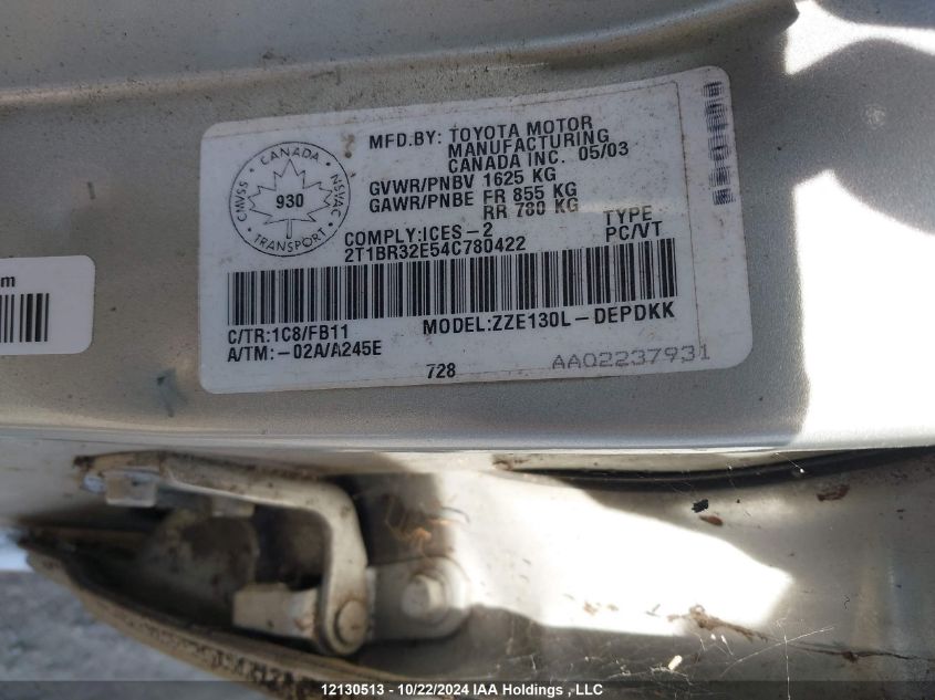 2004 Toyota Corolla Ce/Le/S VIN: 2T1BR32E54C780422 Lot: 12130513