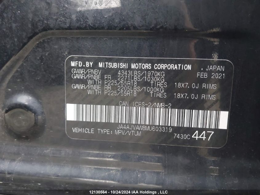 2021 Mitsubishi Rvr VIN: JA4AJVAW8MU603319 Lot: 12130564