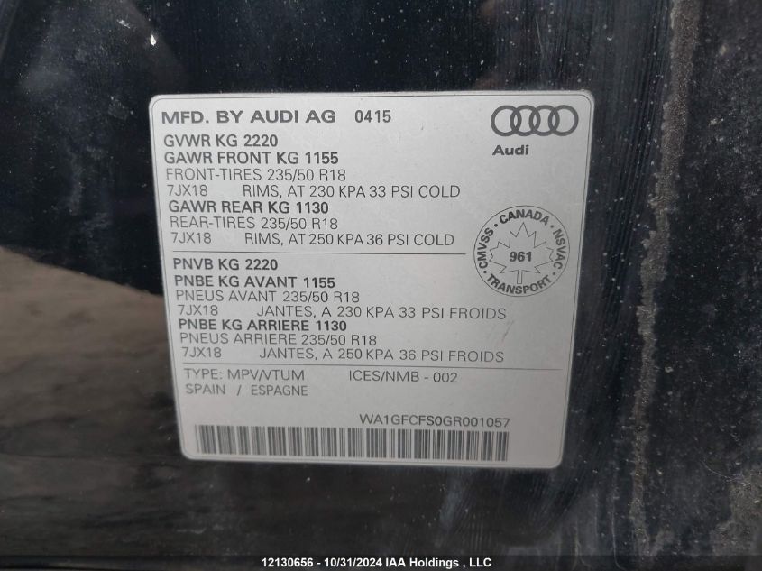 2016 Audi Q3 VIN: WA1GFCFS0GR001057 Lot: 12130656