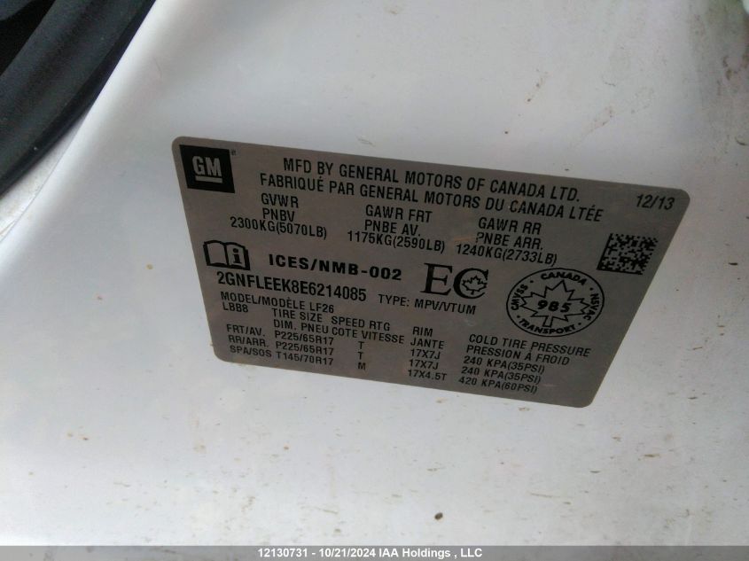 2014 Chevrolet Equinox VIN: 2GNFLEEK8E6214085 Lot: 12130731