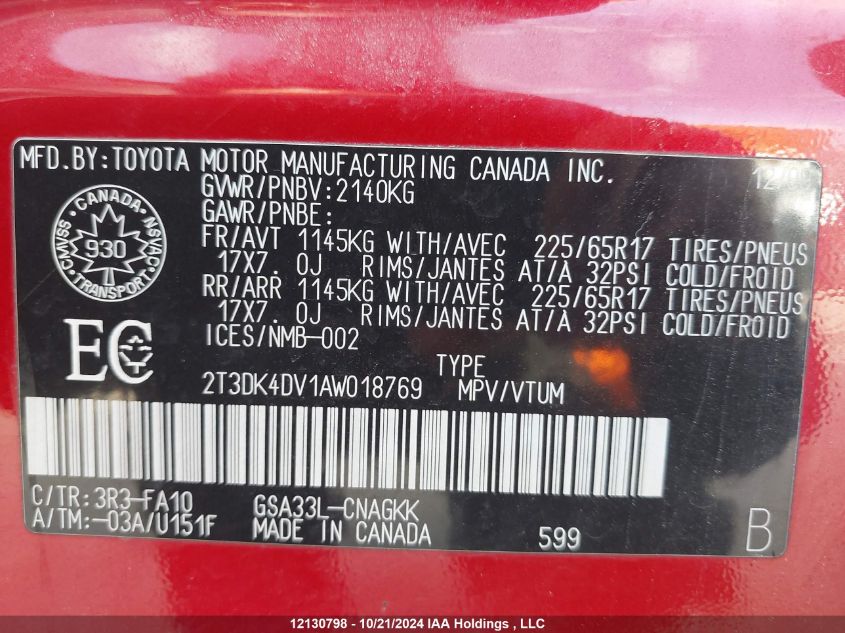 2010 Toyota Rav4 Limited V6 VIN: 2T3DK4DV1AW018769 Lot: 12130798