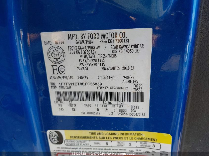 2014 Ford F150 Supercrew VIN: 1FTFW1ET8EFC55839 Lot: 12130828