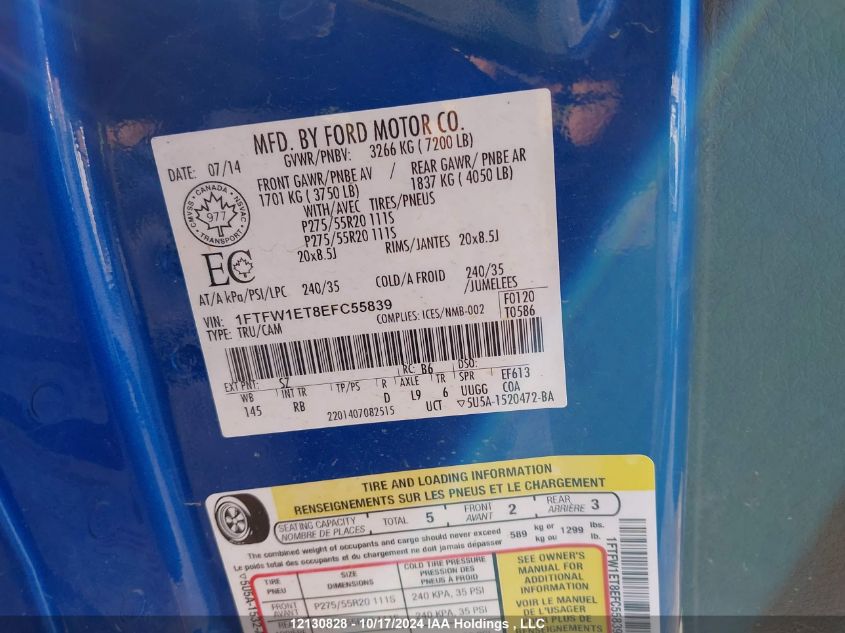 2014 Ford F150 Supercrew VIN: 1FTFW1ET8EFC55839 Lot: 12130828