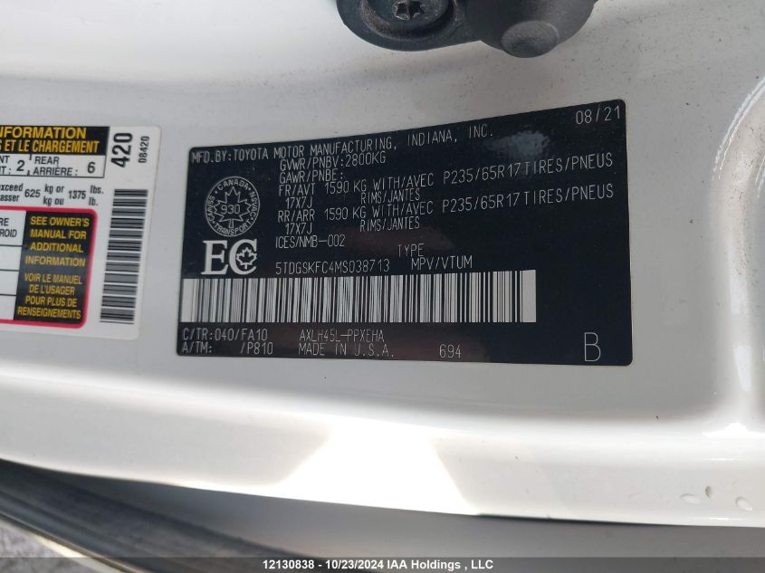 2021 Toyota Sienna Le/Xle/Xse/Limited/Platinum VIN: 5TDGSKFC4MS038713 Lot: 12130838