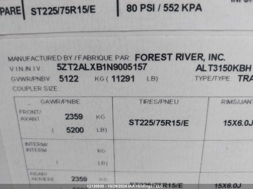 2022 Forest River Alta VIN: 5ZT2ALXB1N9005157 Lot: 12130930