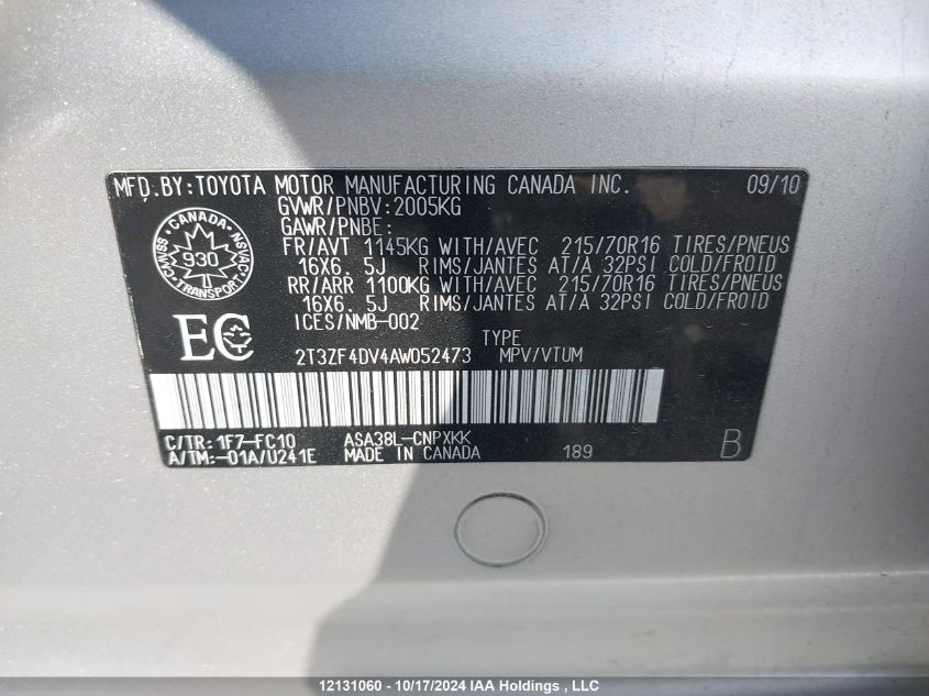 2010 Toyota Rav4 VIN: 2T3ZF4DV4AW052473 Lot: 12131060