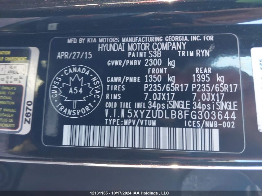 2015 Hyundai Santa Fe Sport 2.4 Luxury VIN: 5XYZUDLB8FG303644 Lot: 12131155
