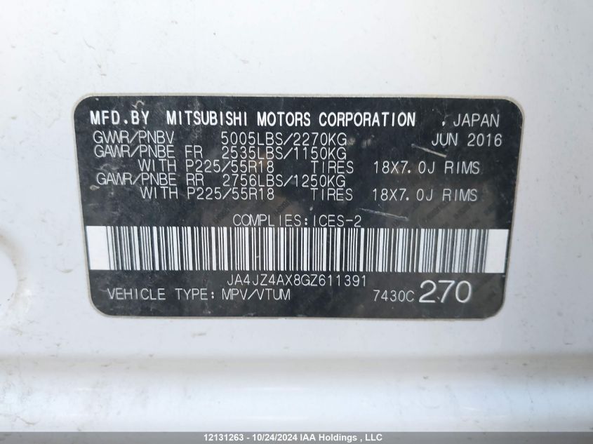 2016 Mitsubishi Outlander VIN: JA4JZ4AX8GZ611391 Lot: 12131263