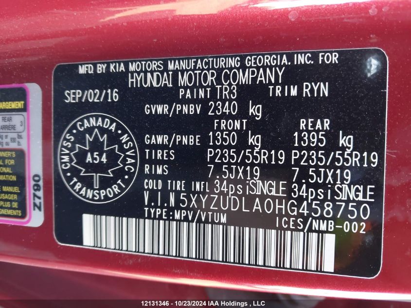 2017 Hyundai Santa Fe Sport VIN: 5XYZUDLA0HG458750 Lot: 12131346