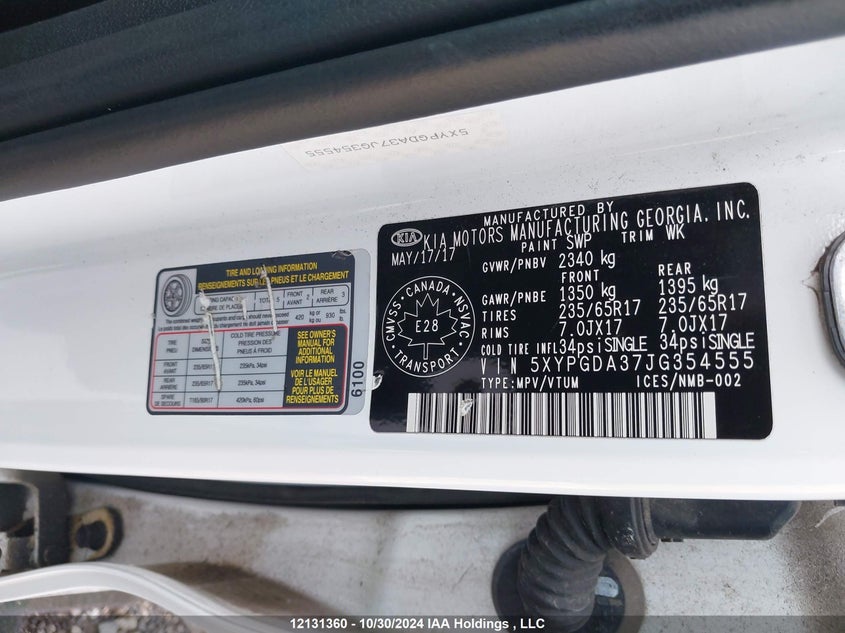 2018 Kia Sorento VIN: 5XYPGDA37JG354555 Lot: 12131360