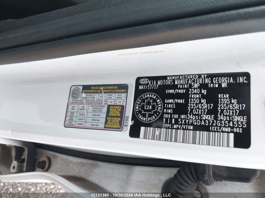 2018 Kia Sorento VIN: 5XYPGDA37JG354555 Lot: 12131360