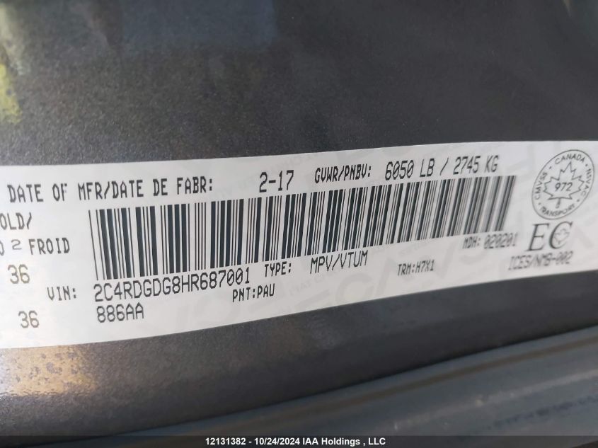 2017 Dodge Grand Caravan Crew VIN: 2C4RDGDG8HR687001 Lot: 12131382