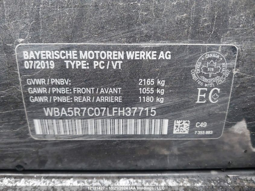 2020 BMW 3 Series 330I xDrive VIN: WBA5R7C07LFH37715 Lot: 12131427