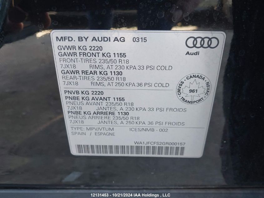 2016 Audi Q3 VIN: WA1JFCFS2GR000157 Lot: 12131453