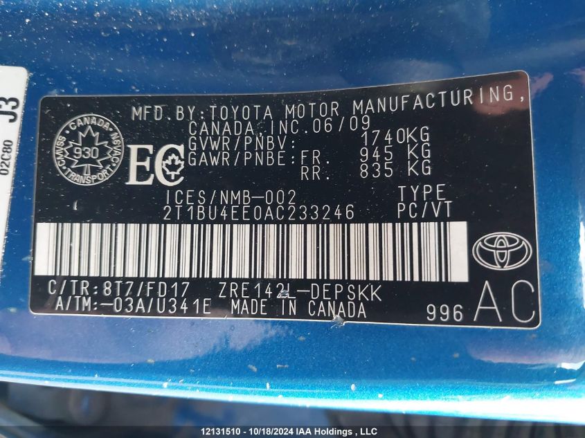 2010 Toyota Corolla S/Le/Xle VIN: 2T1BU4EE0AC233246 Lot: 12131510