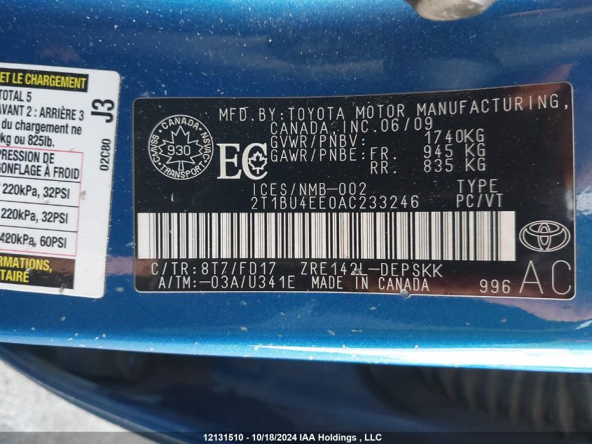 2010 Toyota Corolla S/Le/Xle VIN: 2T1BU4EE0AC233246 Lot: 12131510