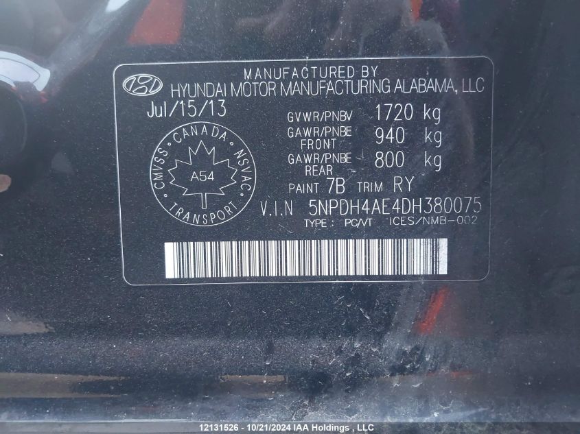 2013 Hyundai Elantra VIN: 5NPDH4AE4DH380075 Lot: 12131526