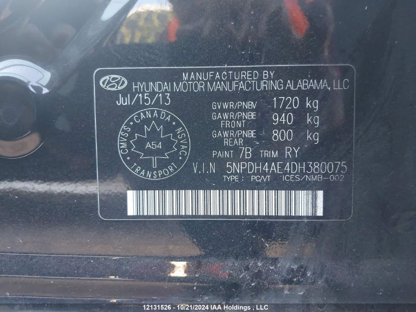 2013 Hyundai Elantra VIN: 5NPDH4AE4DH380075 Lot: 12131526