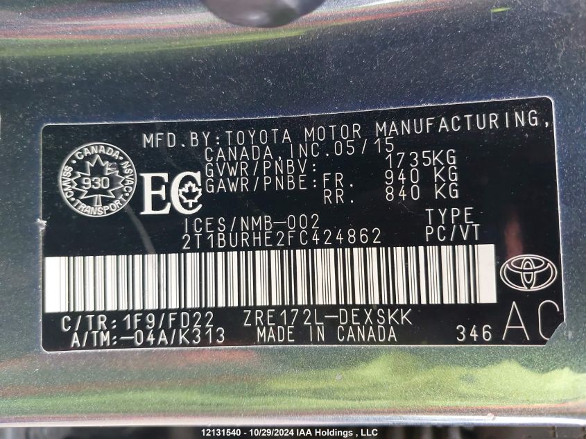 2015 Toyota Corolla L/Le/Le Pls/Prm/S/S Pls VIN: 2T1BURHE2FC424862 Lot: 12131540