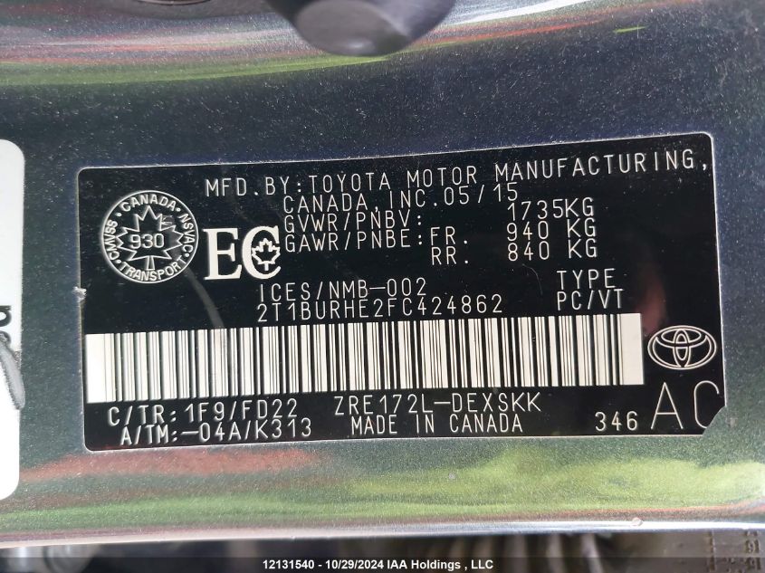 2015 Toyota Corolla L/Le/Le Pls/Prm/S/S Pls VIN: 2T1BURHE2FC424862 Lot: 12131540