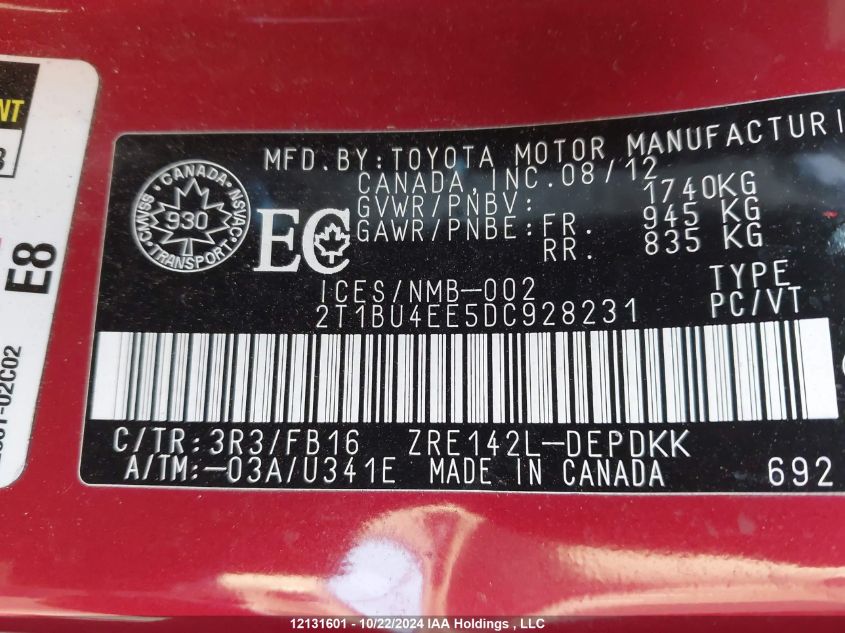 2013 Toyota Corolla S/Le VIN: 2T1BU4EE5DC928231 Lot: 12131601