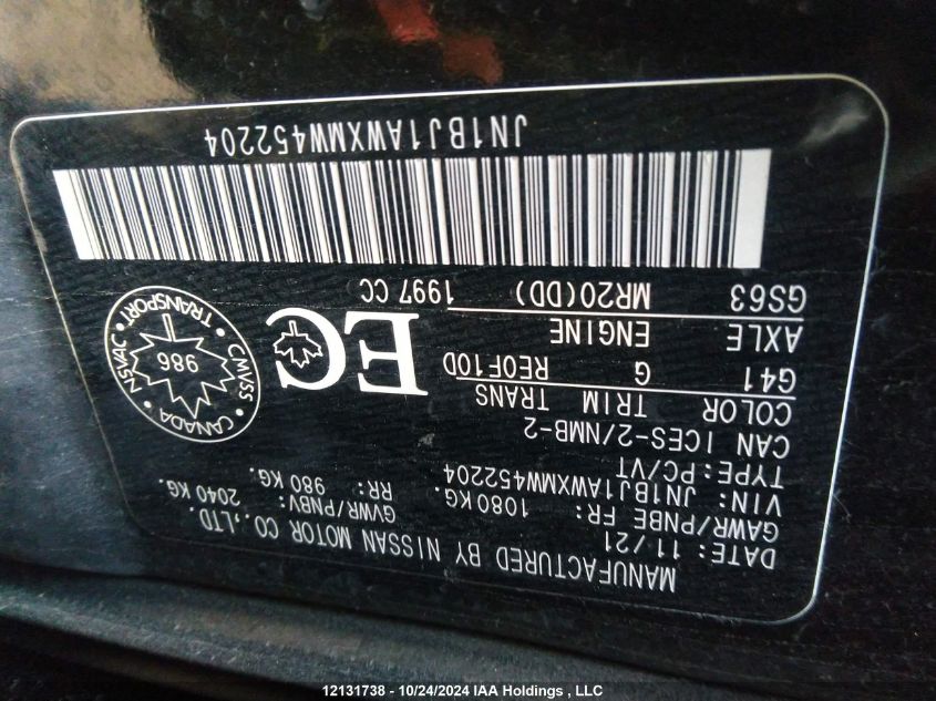 2021 Nissan Qashqai VIN: JN1BJ1AWXMW452204 Lot: 12131738