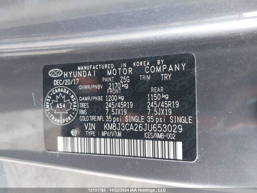 2018 Hyundai Tucson Ultimate 1.6T VIN: KM8J3CA26JU653029 Lot: 12131753