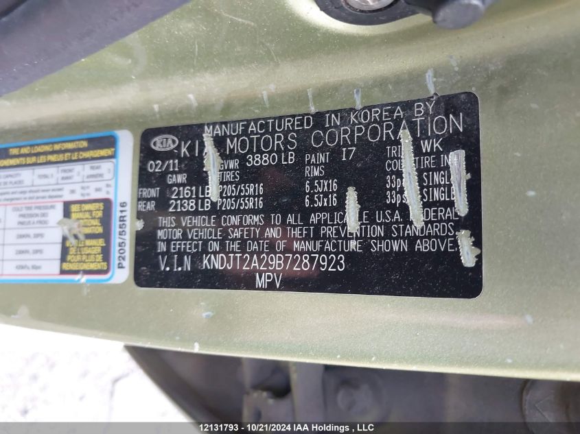 2011 Kia Soul +/!/Sport VIN: KNDJT2A29B7287923 Lot: 12131793