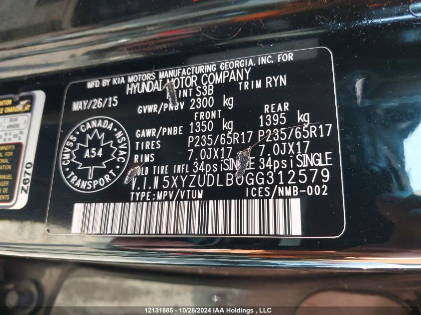 2016 Hyundai Santa Fe Sport VIN: 5XYZUDLB0GG312579 Lot: 12131885