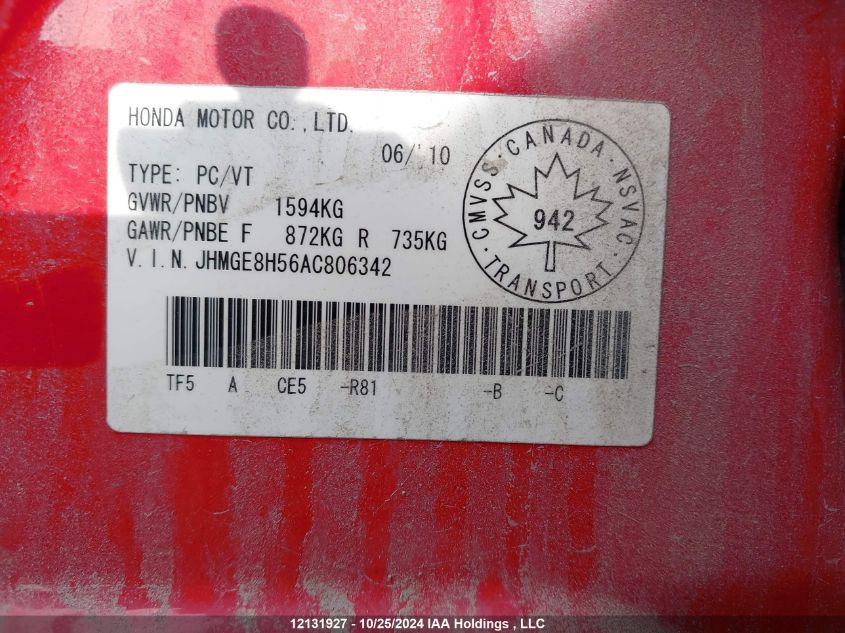 2010 Honda Fit VIN: JHMGE8H56AC806342 Lot: 12131927