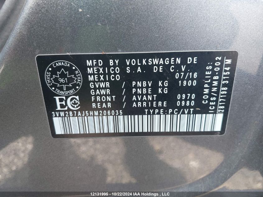 2017 Volkswagen Jetta S VIN: 3VW2B7AJ5HM206035 Lot: 12131995
