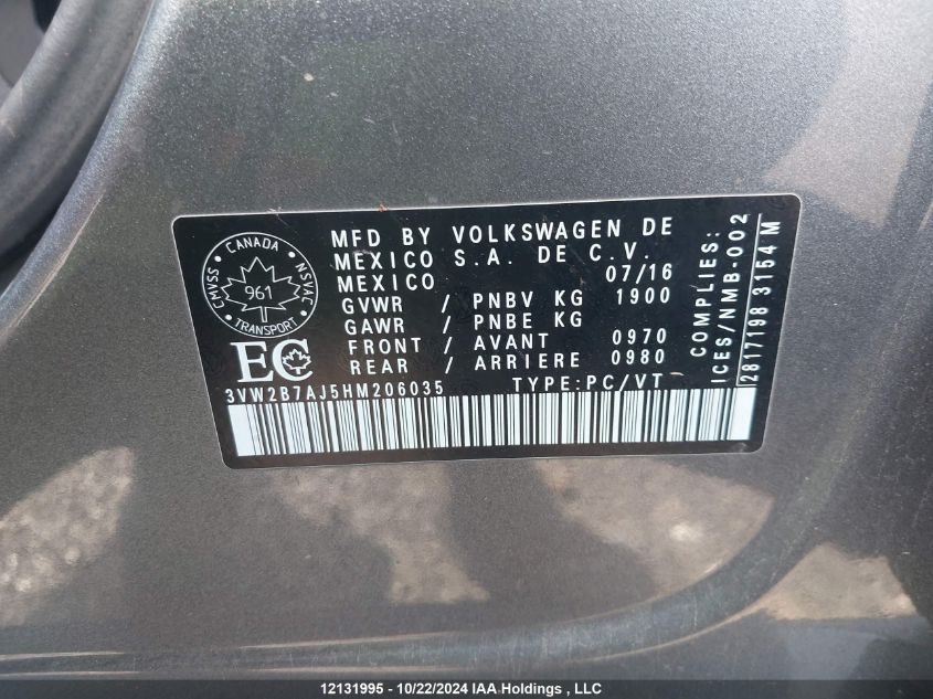 2017 Volkswagen Jetta S VIN: 3VW2B7AJ5HM206035 Lot: 12131995