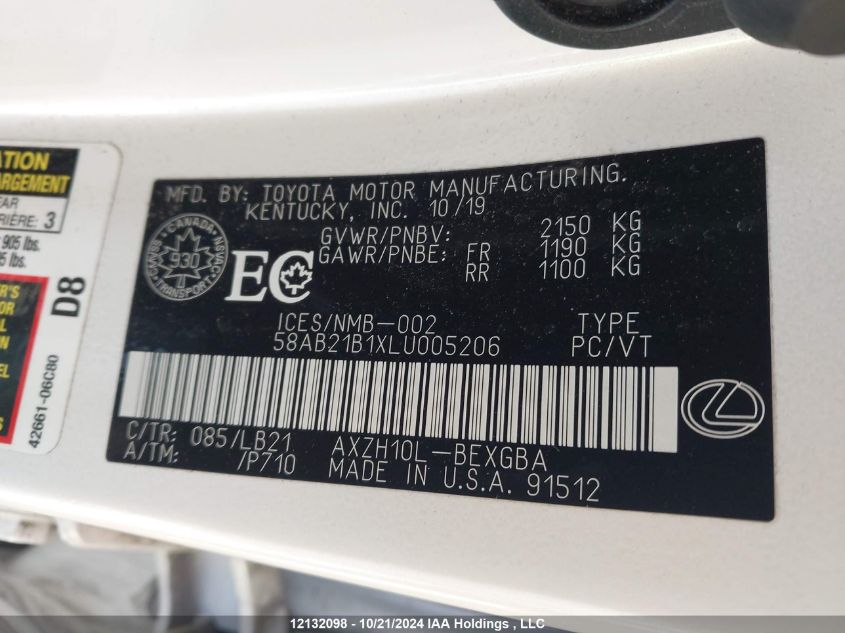 2020 Lexus Es 300H Signature VIN: 58AB21B1XLU005206 Lot: 12132098