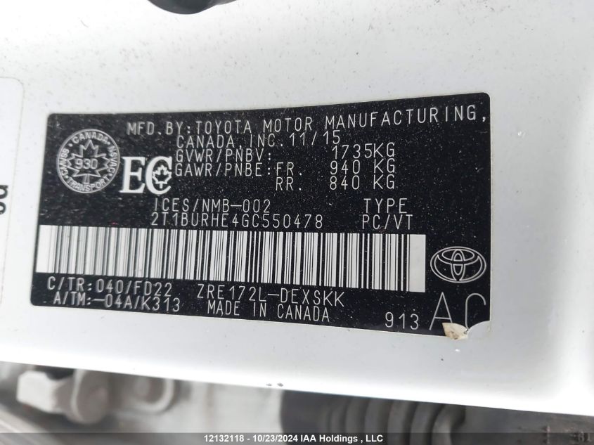 2016 Toyota Corolla L/Le/Le Pls/Prm/S/S Pls VIN: 2T1BURHE4GC550478 Lot: 12132118