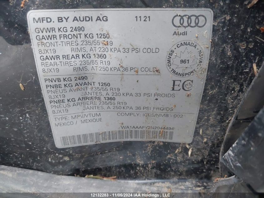 2022 Audi Q5 VIN: WA1AAAFY2N2044494 Lot: 12132283