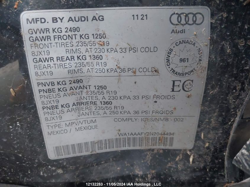 2022 Audi Q5 VIN: WA1AAAFY2N2044494 Lot: 12132283