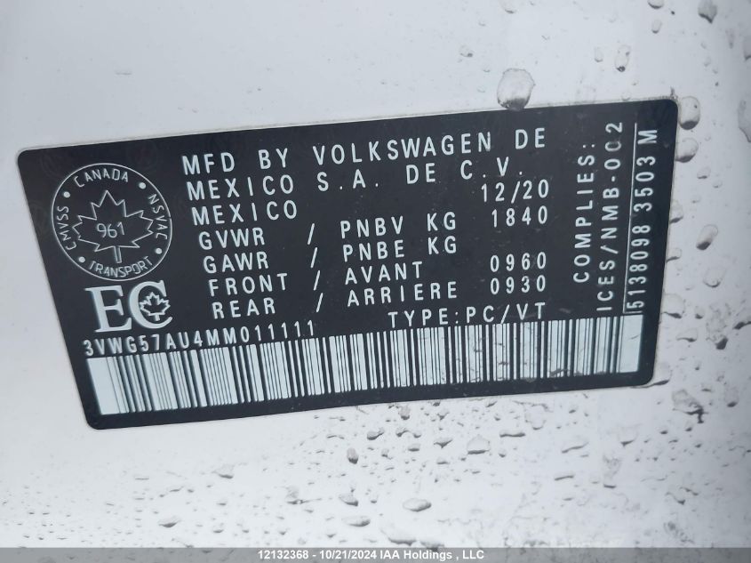 2021 Volkswagen Golf VIN: 3VWG57AU4MM011111 Lot: 12132368