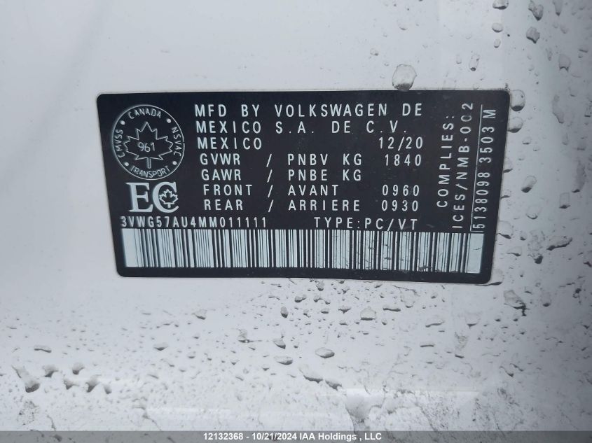 2021 Volkswagen Golf VIN: 3VWG57AU4MM011111 Lot: 12132368