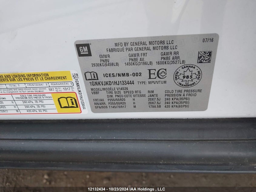 2017 Chevrolet Traverse VIN: 1GNKVJKD1HJ133444 Lot: 12132434