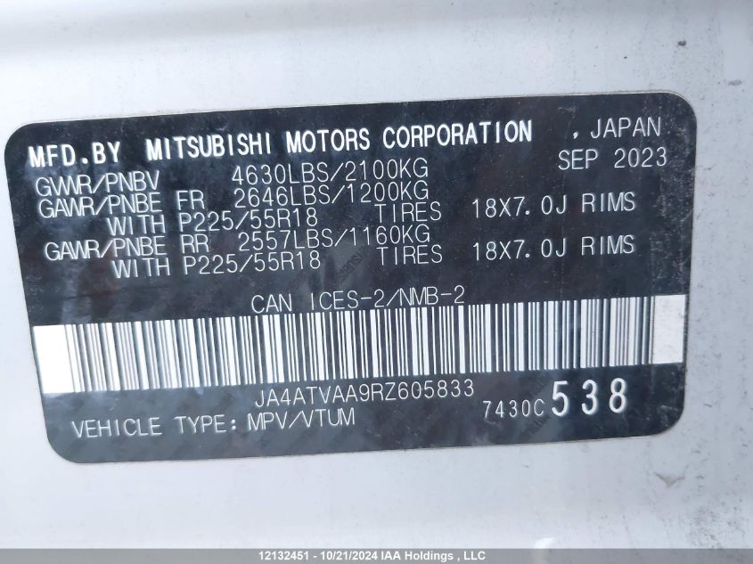 2024 Mitsubishi Eclipse Cross VIN: JA4ATVAA9RZ605833 Lot: 12132451