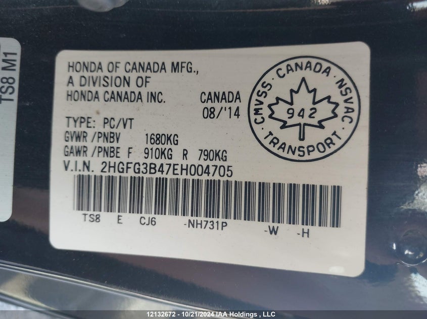 2014 Honda Civic VIN: 2HGFG3B47EH004705 Lot: 12132672