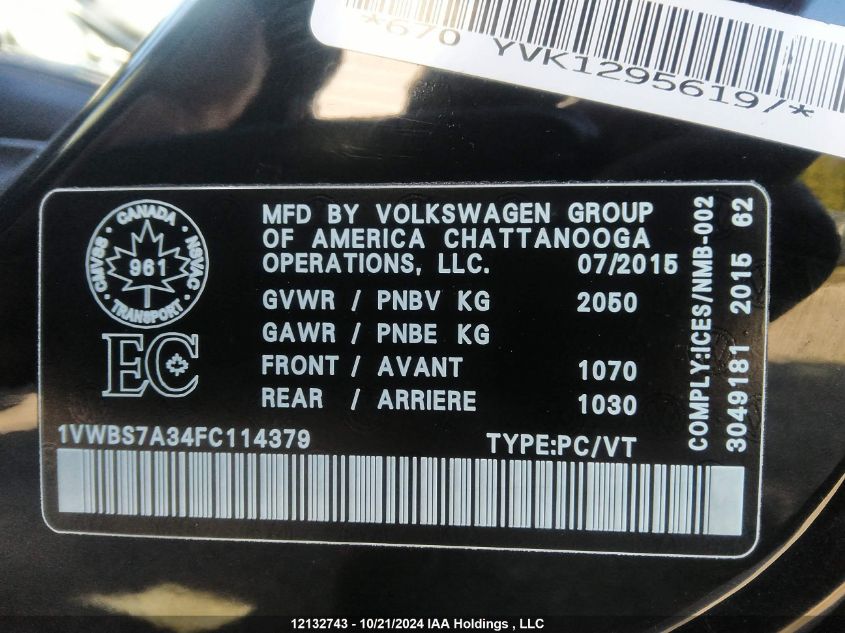 2015 Volkswagen Passat VIN: 1VWBS7A34FC114379 Lot: 12132743